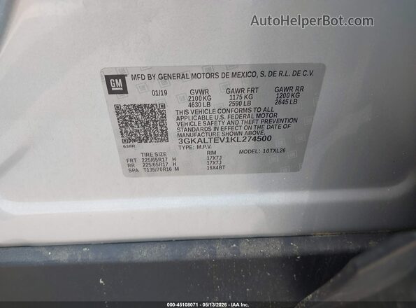 3GKALTEV1KL274500 2019 GMC TERRAIN Silver Vista del compartimento del motor