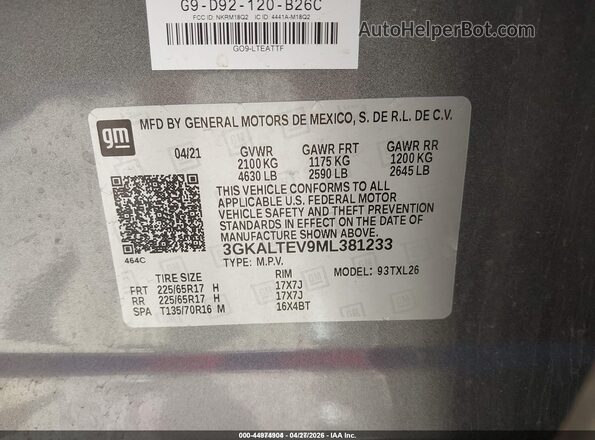 3GKALTEV9ML381233 2021 GMC TERRAIN Gray 