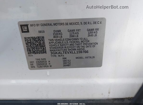 3GKALTEVXLL159766 2020 GMC TERRAIN White Vista del compartimento del motor