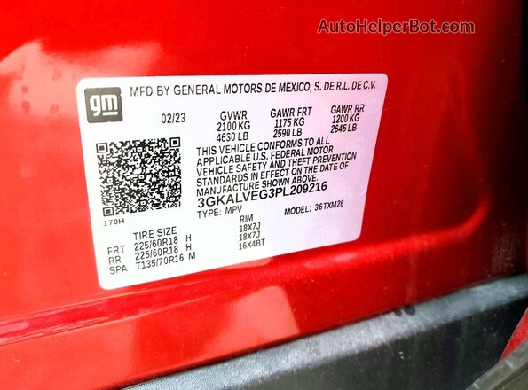 3GKALVEG3PL209216 2023 GMC TERRAIN Красный Вид наклейки с VIN-кодом