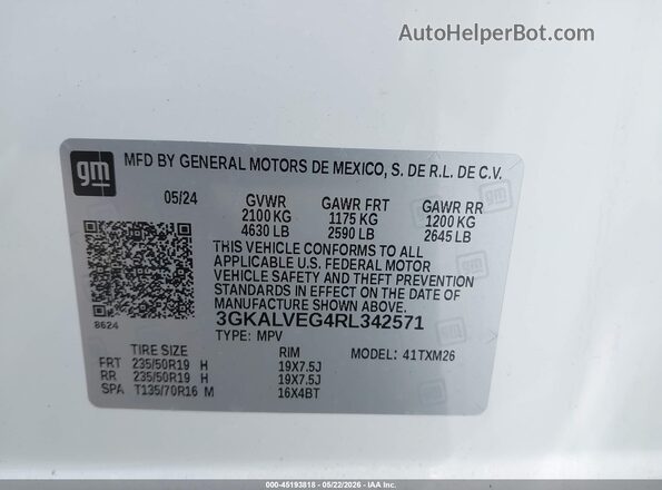 3GKALVEG4RL342571 2024 GMC TERRAIN White ძრავის განყოფილების ხედი