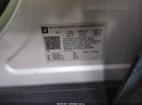 3GKALVEV0LL251478 2020 GMC TERRAIN Silver Engine compartment view