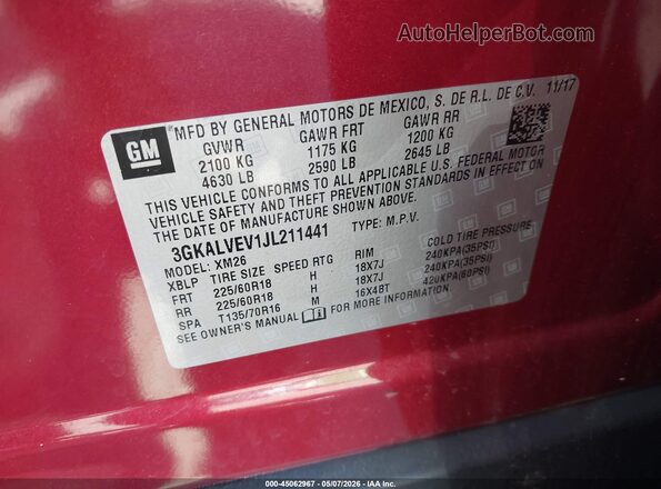 3GKALVEV1JL211441 2018 GMC TERRAIN Red Engine compartment view