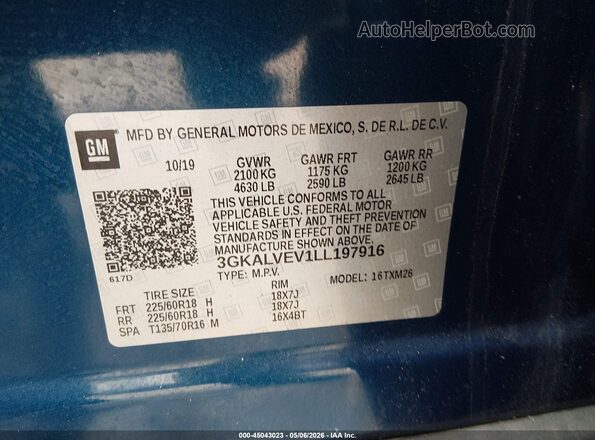 3GKALVEV1LL197916 2020 GMC TERRAIN Blue Vista del compartimento del motor