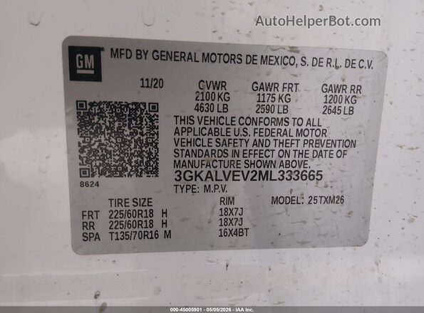 3GKALVEV2ML333665 2021 GMC TERRAIN White Vista del compartimento del motor
