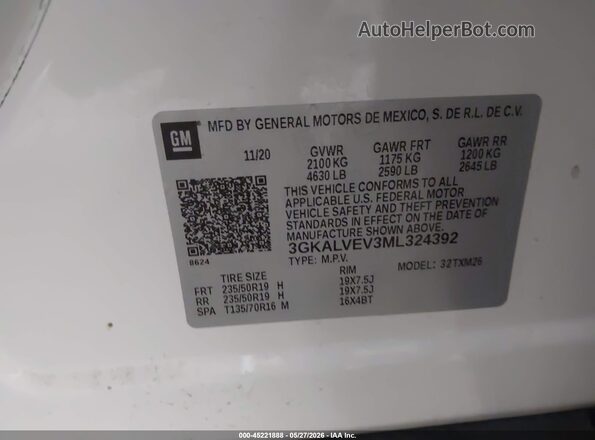 3GKALVEV3ML324392 2021 GMC TERRAIN White Vista del compartimento del motor