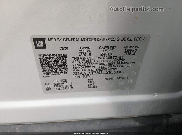 3GKALVEV4LL265514 2020 GMC TERRAIN Silver Вид підкапотного простору