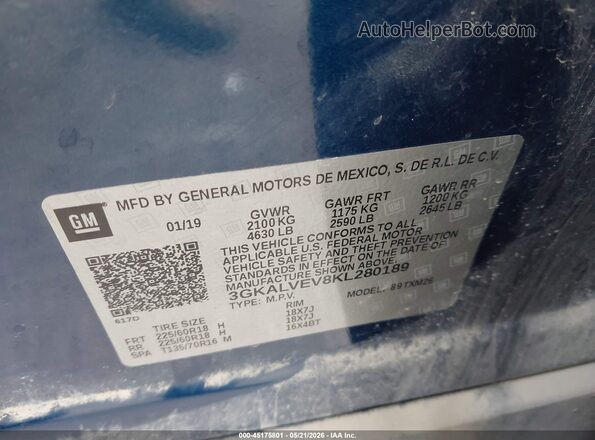 3GKALVEV8KL280189 2019 GMC TERRAIN Blue ძრავის განყოფილების ხედი