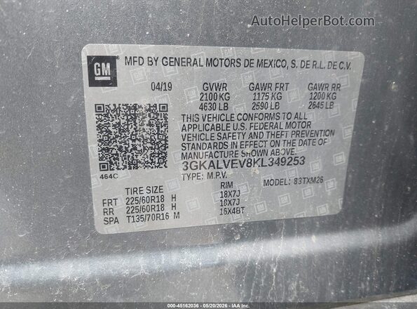 3GKALVEV8KL349253 2019 GMC TERRAIN Gray ძრავის განყოფილების ხედი