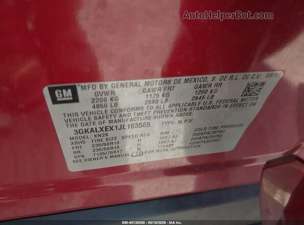 3GKALXEX1JL163565 2018 GMC TERRAIN Red Vista del compartimento del motor