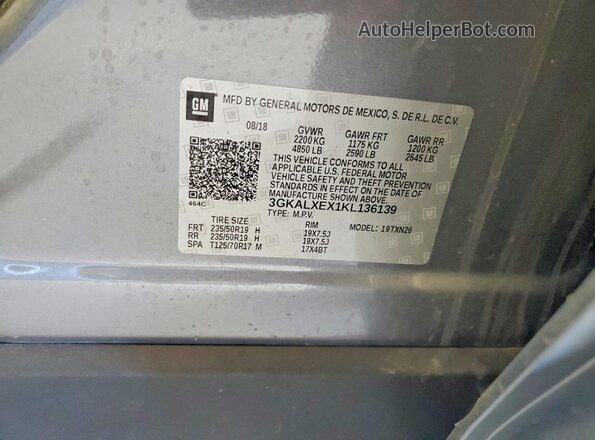 3GKALXEX1KL136139 2019 GMC TERRAIN Gray Вид наклейки з VIN-кодом