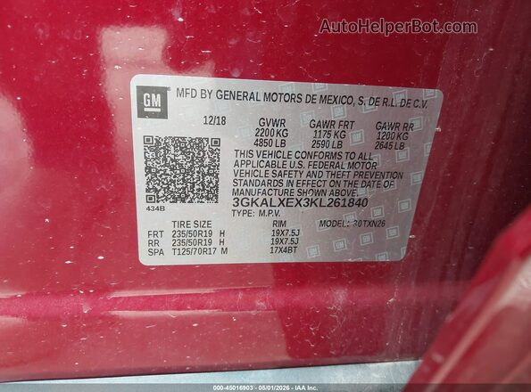 3GKALXEX3KL261840 2019 GMC TERRAIN Red Շարժիչի բաժամունքի տեսք