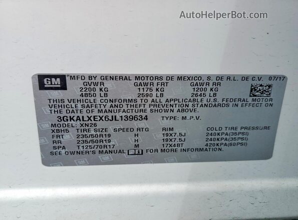 3GKALXEX6JL139634 2018 GMC TERRAIN White Вид наклейки з VIN-кодом