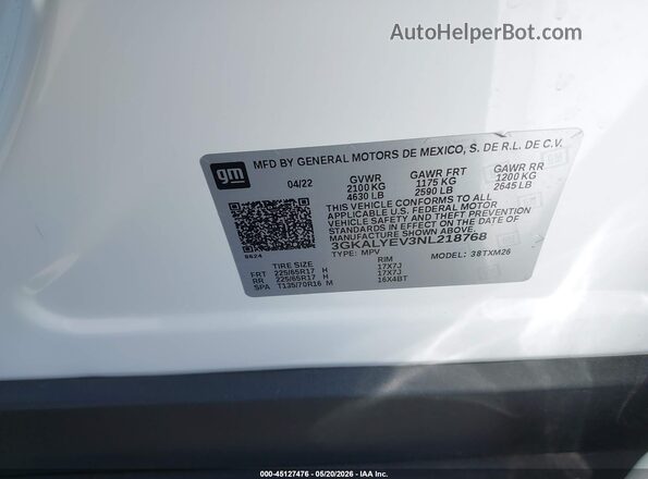 3GKALYEV3NL218768 2022 GMC TERRAIN White Շարժիչի բաժամունքի տեսք