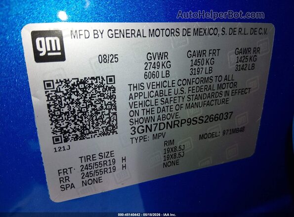 3GN7DNRP9SS266037 2025 CHEVROLET EQUINOX Blue Vista del compartimento del motor