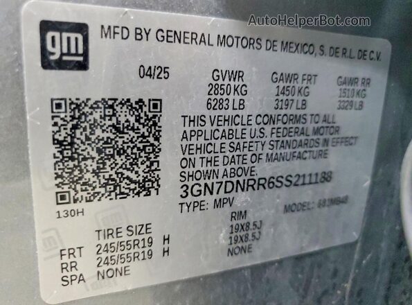 3GN7DNRR6SS211188 2025 CHEVROLET EQUINOX Серый Вид наклейки с VIN-кодом