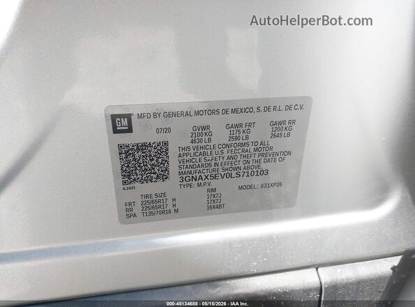 3GNAX5EV0LS710103 2020 CHEVROLET EQUINOX Silver Engine compartment view