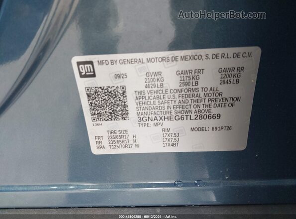 3GNAXHEG6TL280669 2026 CHEVROLET EQUINOX Blue ძრავის განყოფილების ხედი