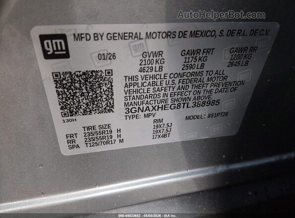 3GNAXHEG8TL388985 2026 CHEVROLET EQUINOX Gray Vista del compartimento del motor