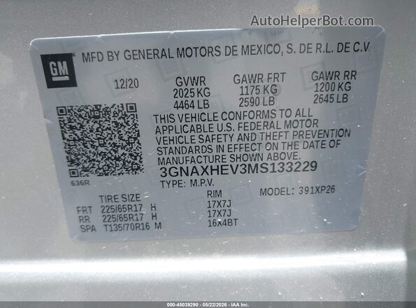 3GNAXHEV3MS133229 2021 CHEVROLET EQUINOX Silver Widok komory silnika