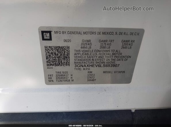 3GNAXHEV6LS693907 2020 CHEVROLET EQUINOX White Շարժիչի բաժամունքի տեսք
