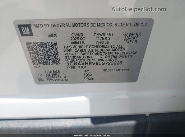 3GNAXHEV6LS723228 2020 CHEVROLET EQUINOX White 