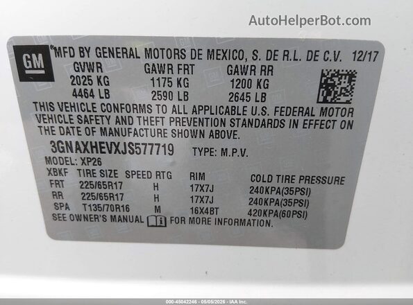 3GNAXHEVXJS577719 2018 CHEVROLET EQUINOX White Vista del compartimento del motor