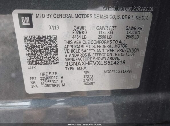 3GNAXHEVXLS514218 2020 CHEVROLET EQUINOX Gray Engine compartment view