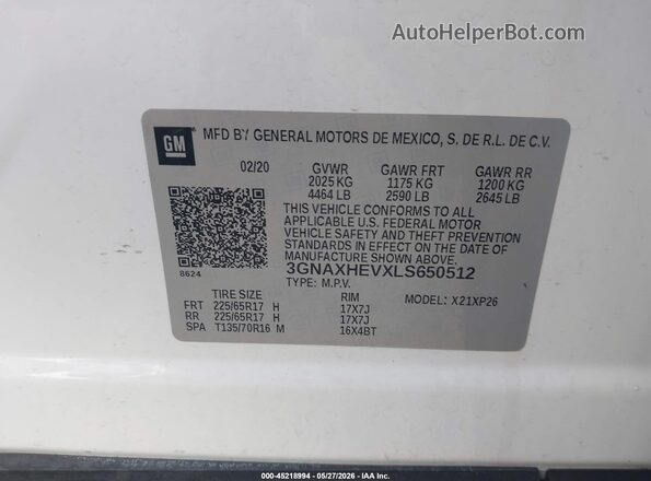 3GNAXHEVXLS650512 2020 CHEVROLET EQUINOX White 