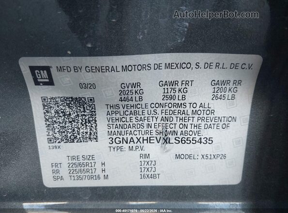3GNAXHEVXLS655435 2020 CHEVROLET EQUINOX Gray 