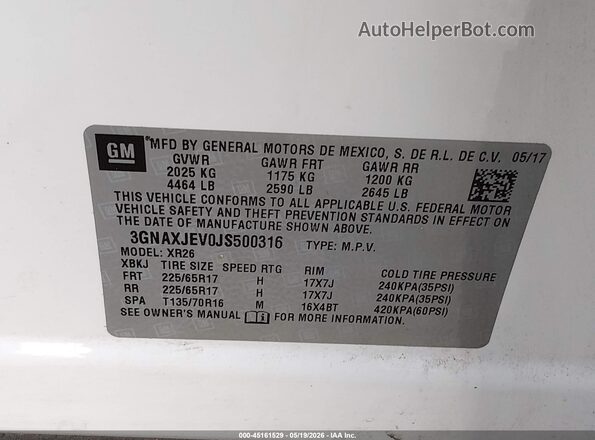 3GNAXJEV0JS500316 2018 CHEVROLET EQUINOX White Engine compartment view
