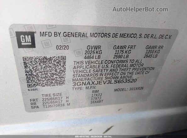 3GNAXJEV3LS653520 2020 CHEVROLET EQUINOX Silver Շարժիչի բաժամունքի տեսք
