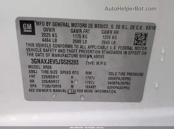 3GNAXJEV5JS626283 2018 CHEVROLET EQUINOX Белый 