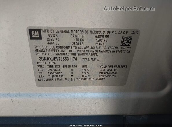 3GNAXJEV7JS531174 2018 CHEVROLET EQUINOX Silver Вид підкапотного простору