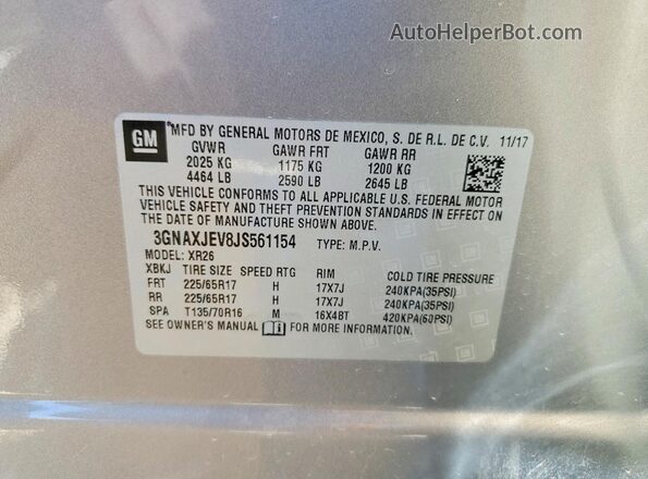 3GNAXJEV8JS561154 2018 CHEVROLET EQUINOX Silver Widok naklejki z numerem VIN