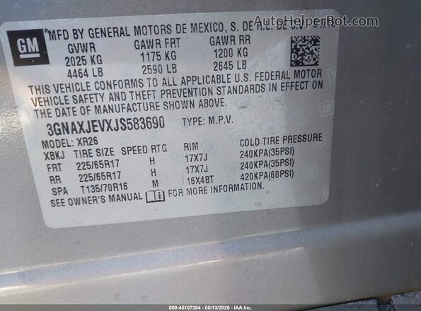 3GNAXJEVXJS583690 2018 CHEVROLET EQUINOX Champagne ძრავის განყოფილების ხედი