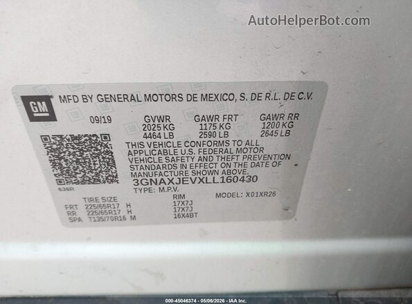 3GNAXJEVXLL160430 2020 CHEVROLET EQUINOX Silver ძრავის განყოფილების ხედი