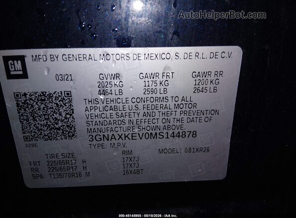 3GNAXKEV0MS144878 2021 CHEVROLET EQUINOX Black Engine compartment view
