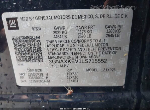 3GNAXKEV1LS715552 2020 CHEVROLET EQUINOX Black Engine compartment view