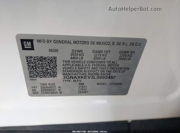 3GNAXKEV3LS692467 2020 CHEVROLET EQUINOX White Engine compartment view