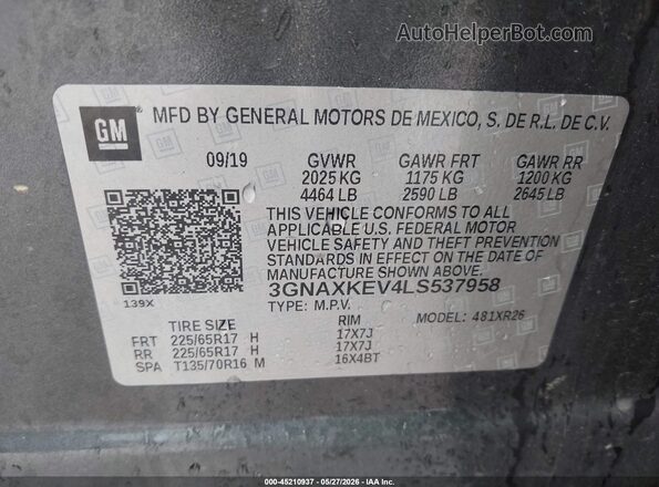 3GNAXKEV4LS537958 2020 CHEVROLET EQUINOX Gray Vista del compartimento del motor