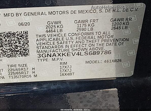 3GNAXKEV4LS689786 2020 CHEVROLET EQUINOX Black 