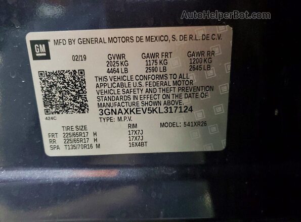 3GNAXKEV5KL317124 2019 CHEVROLET EQUINOX Синий 