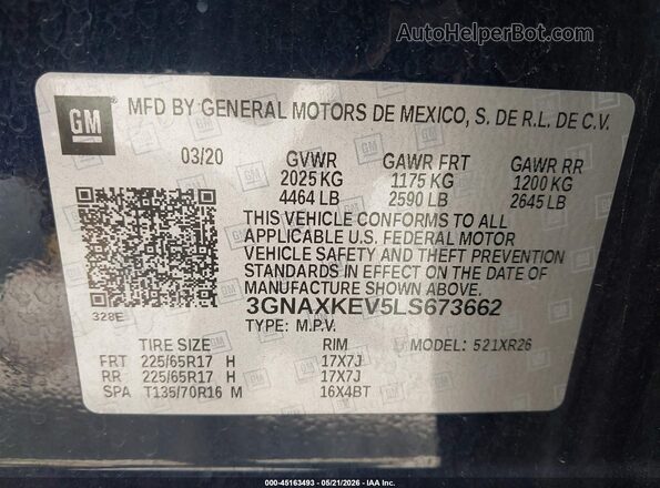 3GNAXKEV5LS673662 2020 CHEVROLET EQUINOX Blue ძრავის განყოფილების ხედი