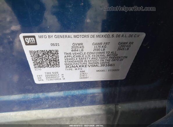 3GNAXKEV5ML391663 2021 CHEVROLET EQUINOX Blue Вид підкапотного простору