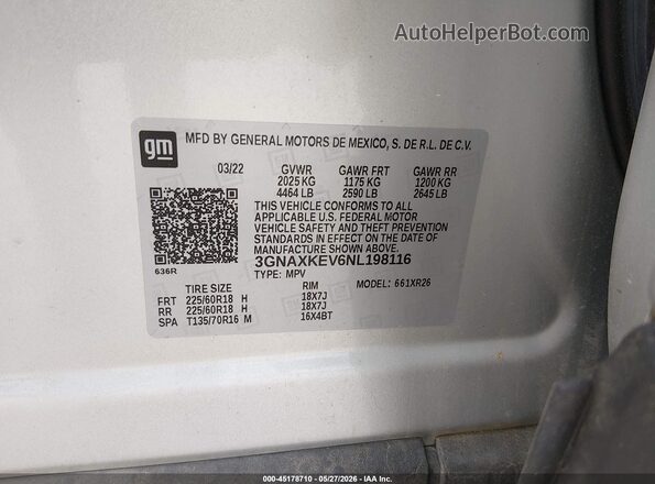 3GNAXKEV6NL198116 2022 CHEVROLET EQUINOX Silver Widok komory silnika