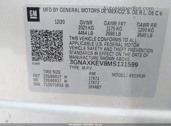 3GNAXKEV8MS131599 2021 CHEVROLET EQUINOX Silver Vista del compartimento del motor