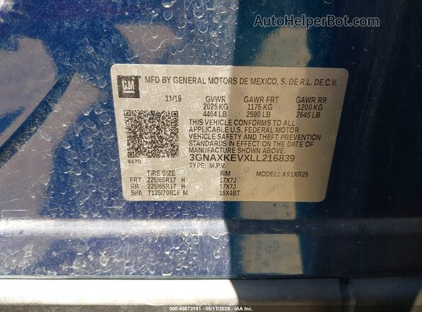 3GNAXKEVXLL216839 2020 CHEVROLET EQUINOX Синий 