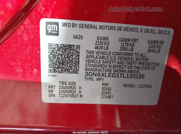 3GNAXLEG1TL130195 2026 CHEVROLET EQUINOX Красный Вид подкапотного пространства