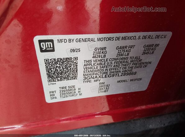 3GNAXLEG9TL289868 2026 CHEVROLET EQUINOX Red Vista del compartimento del motor